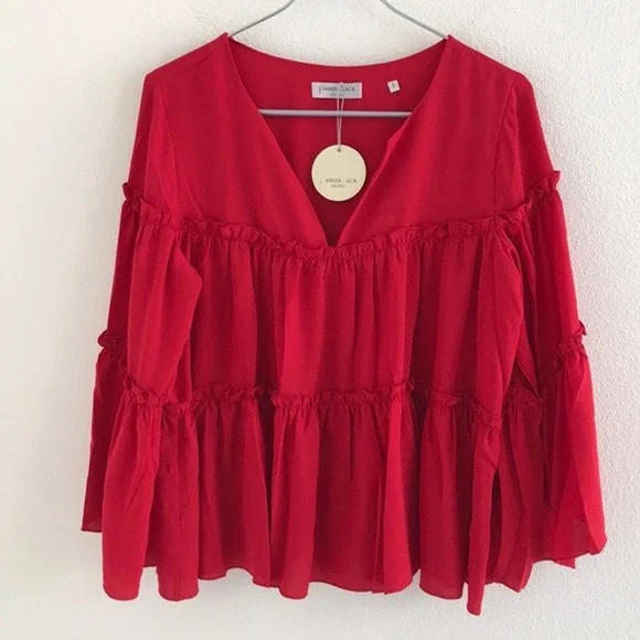 Patrizia Luca Ruffle Sleeve 3/4 Top Red Size Small - Picture 2 of 7
